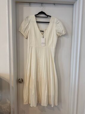 ZARA White V-Neck Puff Sleeve Midi Dress